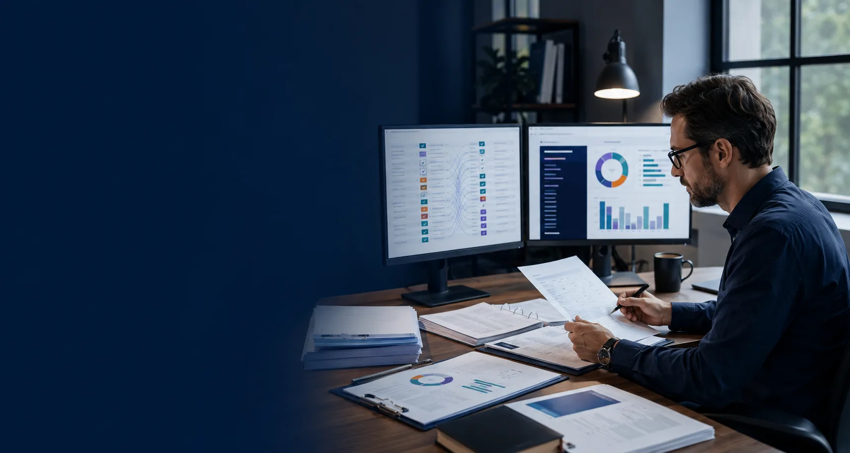 A market analyst reviewing disposition dashboards and a printed market report
