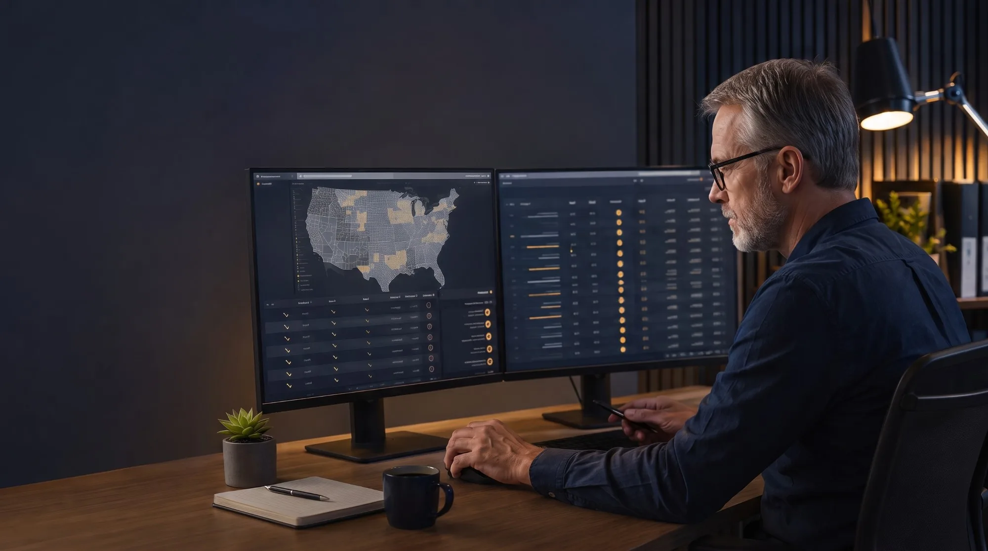 An analyst reviewing county-level market share dashboards on dual monitors