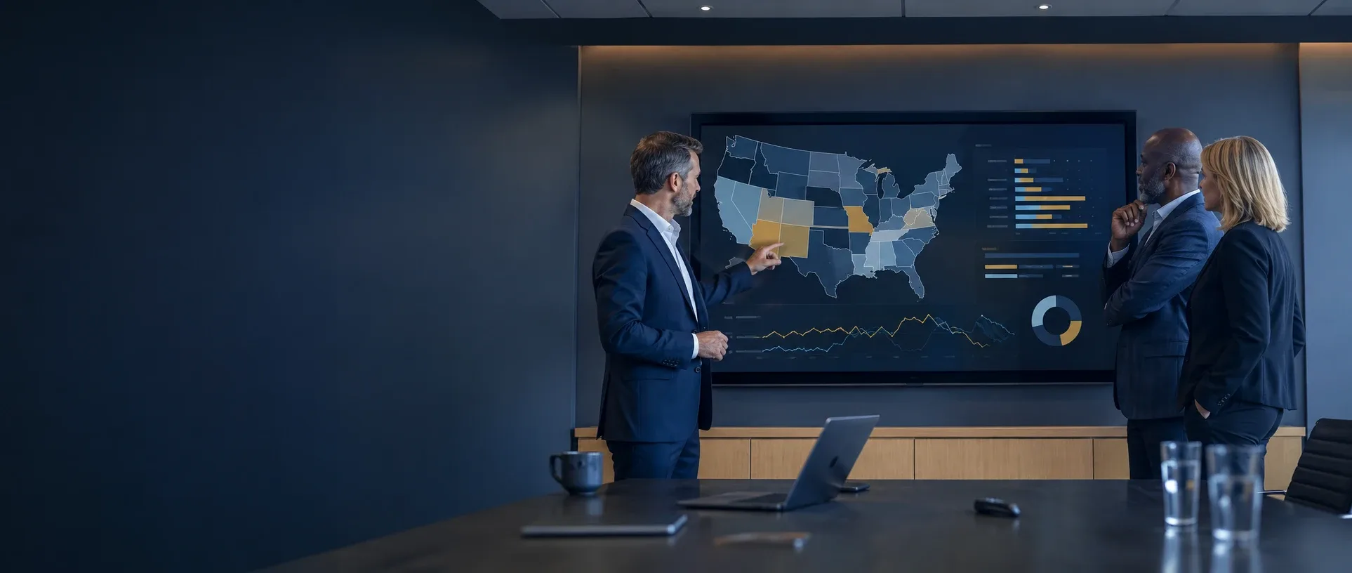 A leadership team reviewing multi-state market dashboards in a boardroom
