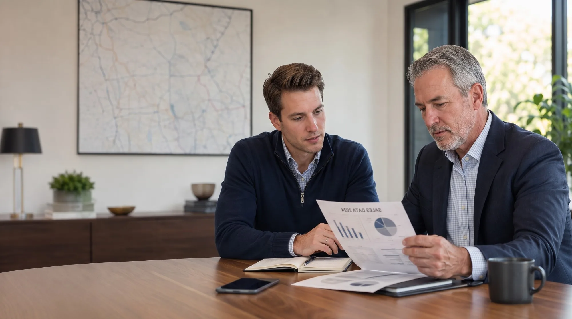 A funeral home owner and a Funeral Convergence adviser reviewing a market report