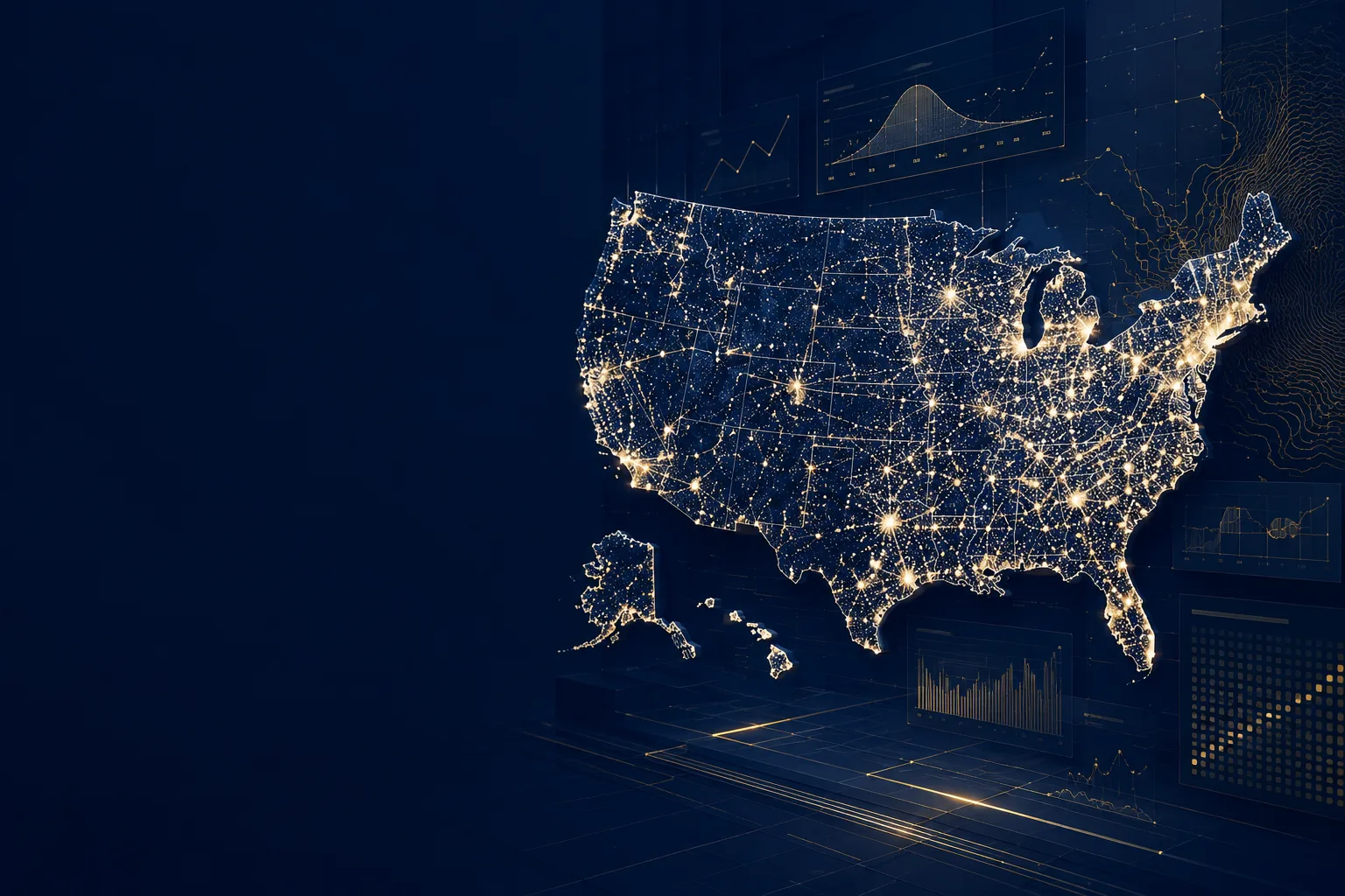 A data visualisation of the United States lit by market activity in every state