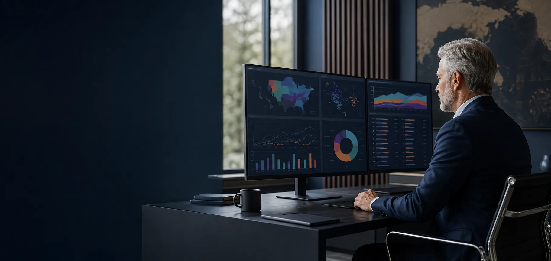 An analyst reviewing normalized market data across two monitors