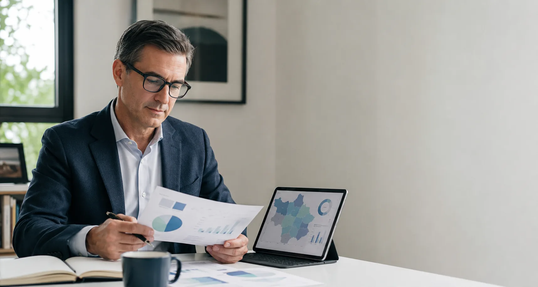 A funeral home owner reviewing a printed market report beside a tablet