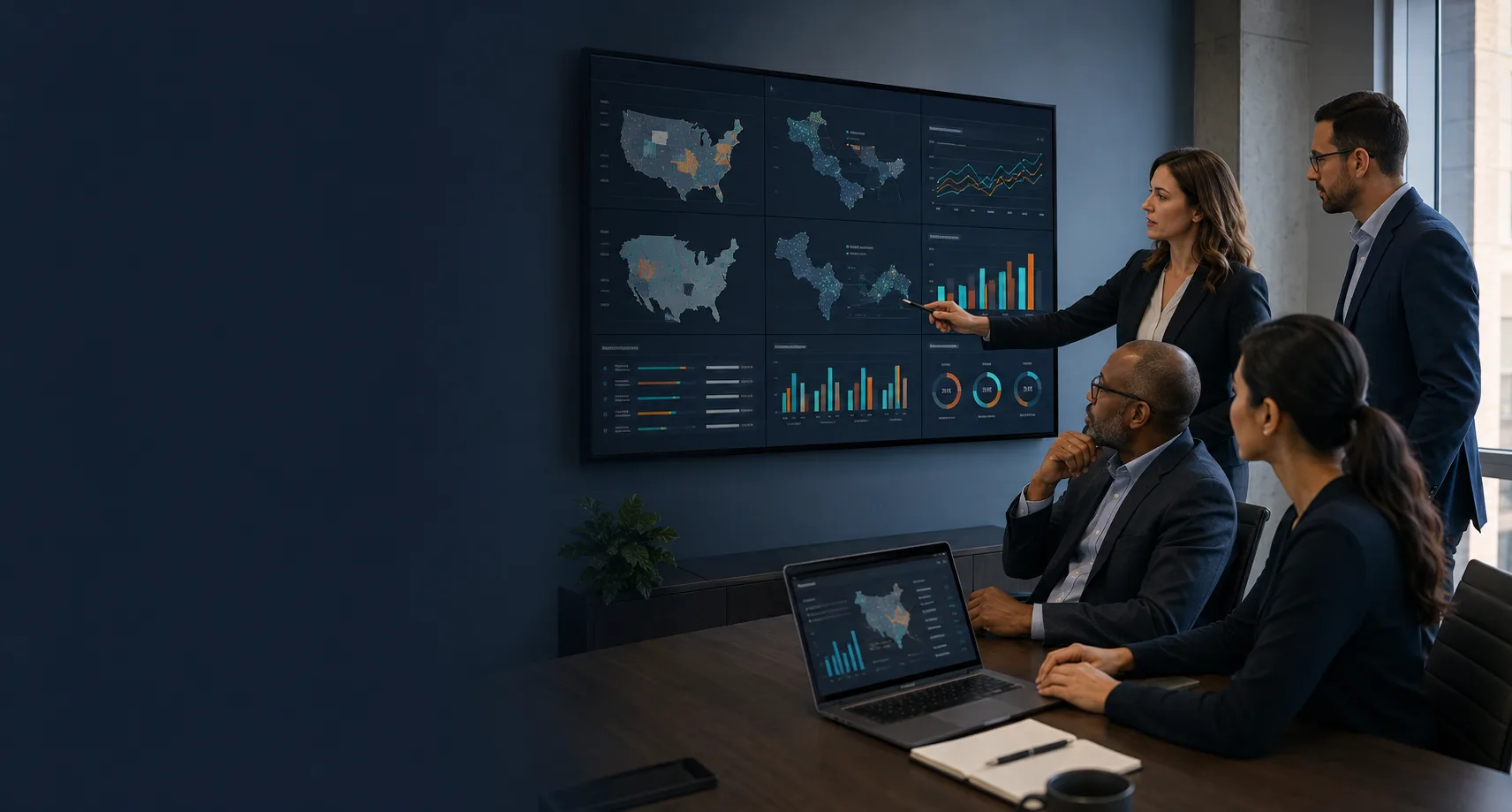 A team reviewing competitive market dashboards on a wall display